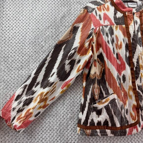 Chicos Jacket Women 2 L Orange Brown Linen Abstract Ikat Metallic Western Pocket - Picture 6 of 16